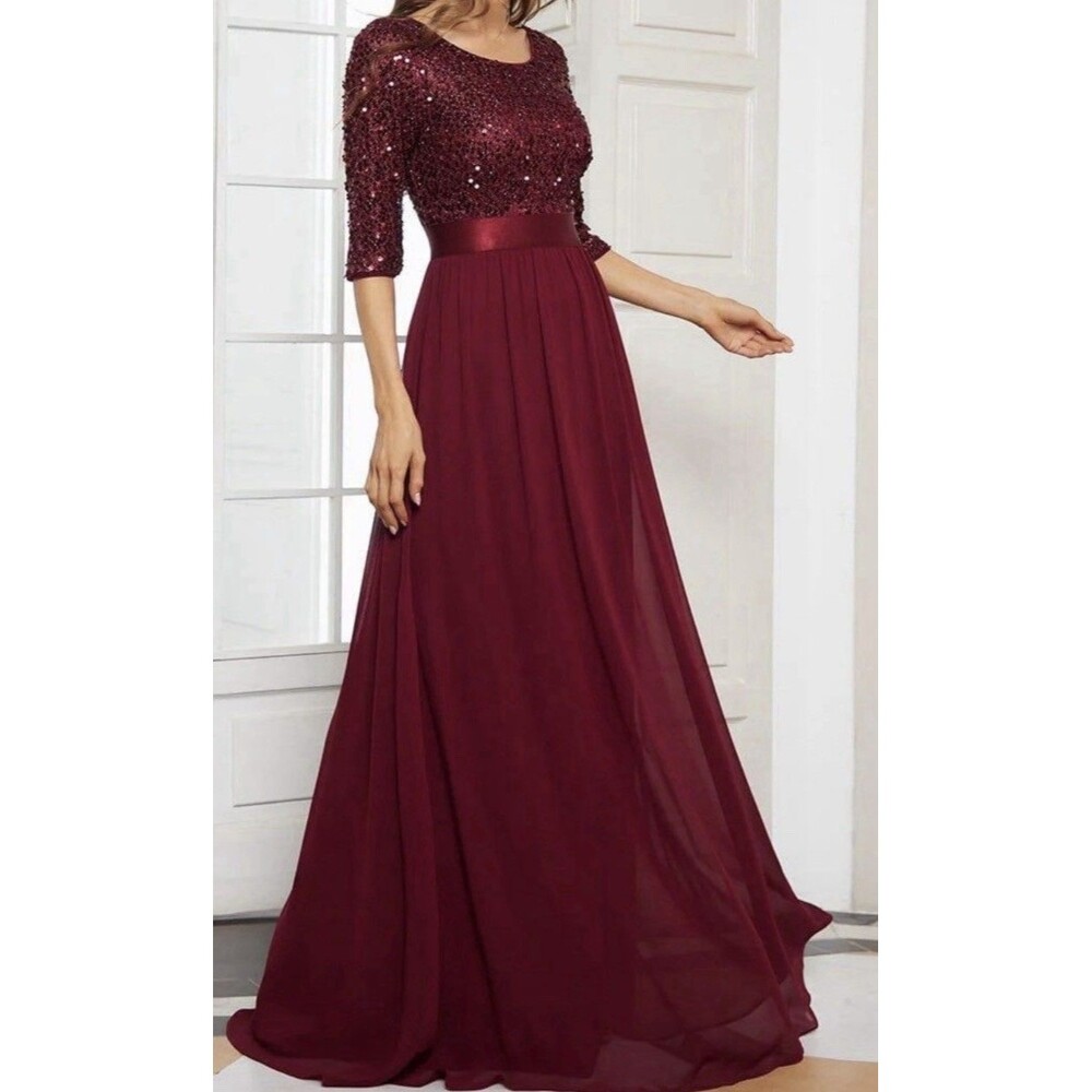 Ever-Pretty Sz 20 Plus Women’s Burgundy Sequin Chiffon Maxi Dress 3/4 Sleeve